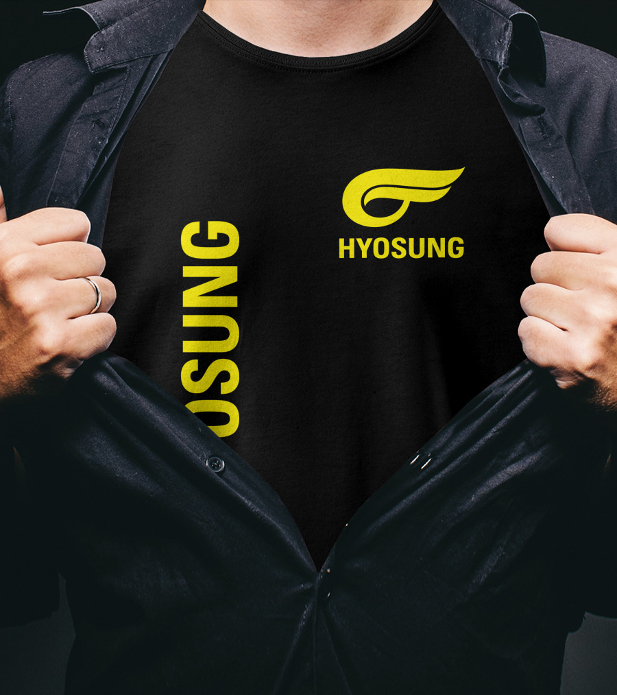 HYOSUNG Logo Stylized Yellow Text Brand T-Shirt