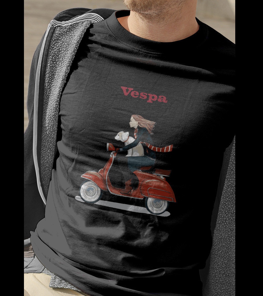 Vespa Red Scooter Woman Dog Pink Background T-Shirt