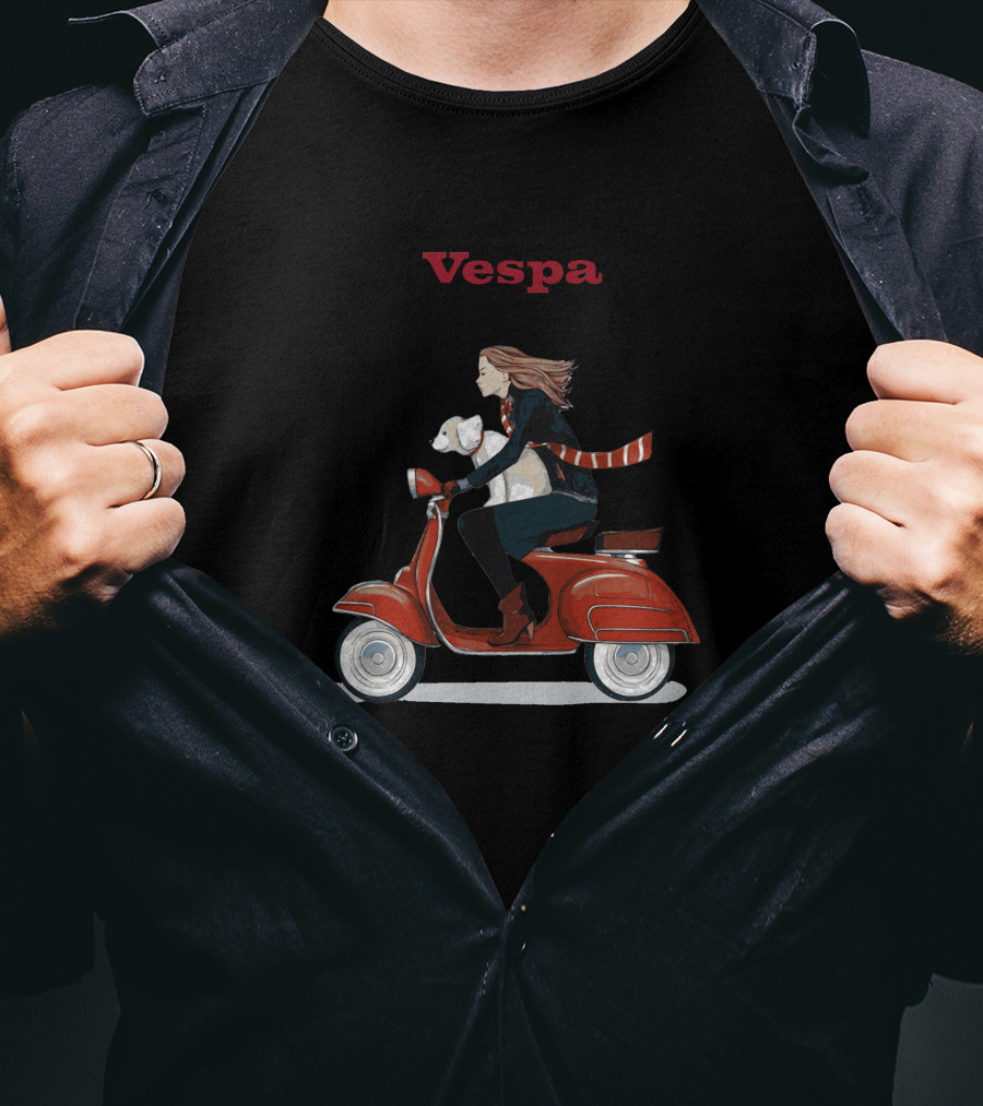 Vespa Red Scooter Woman Dog Pink Background T-Shirt
