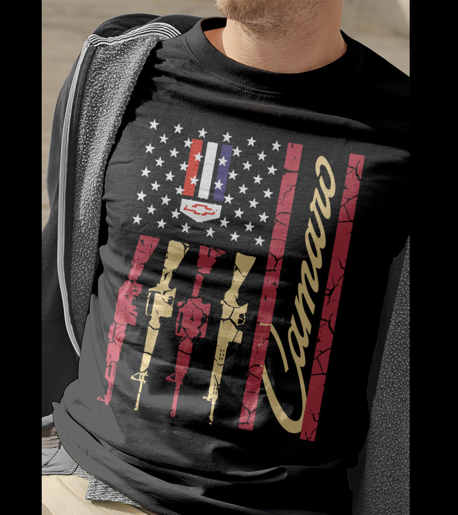 Camaro Chevrolet Logo Stars And Stripes With Rifle T-Shirt