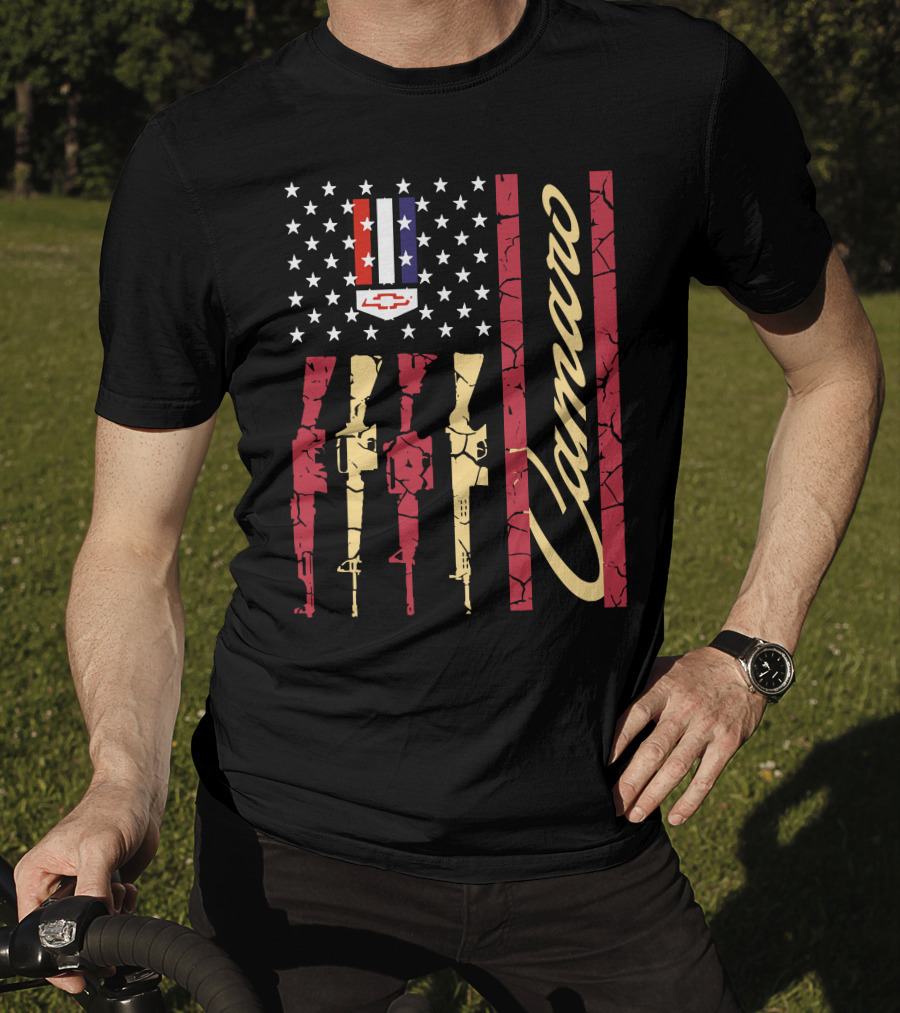 Camaro Chevrolet Logo Stars And Stripes With Rifle T-Shirt