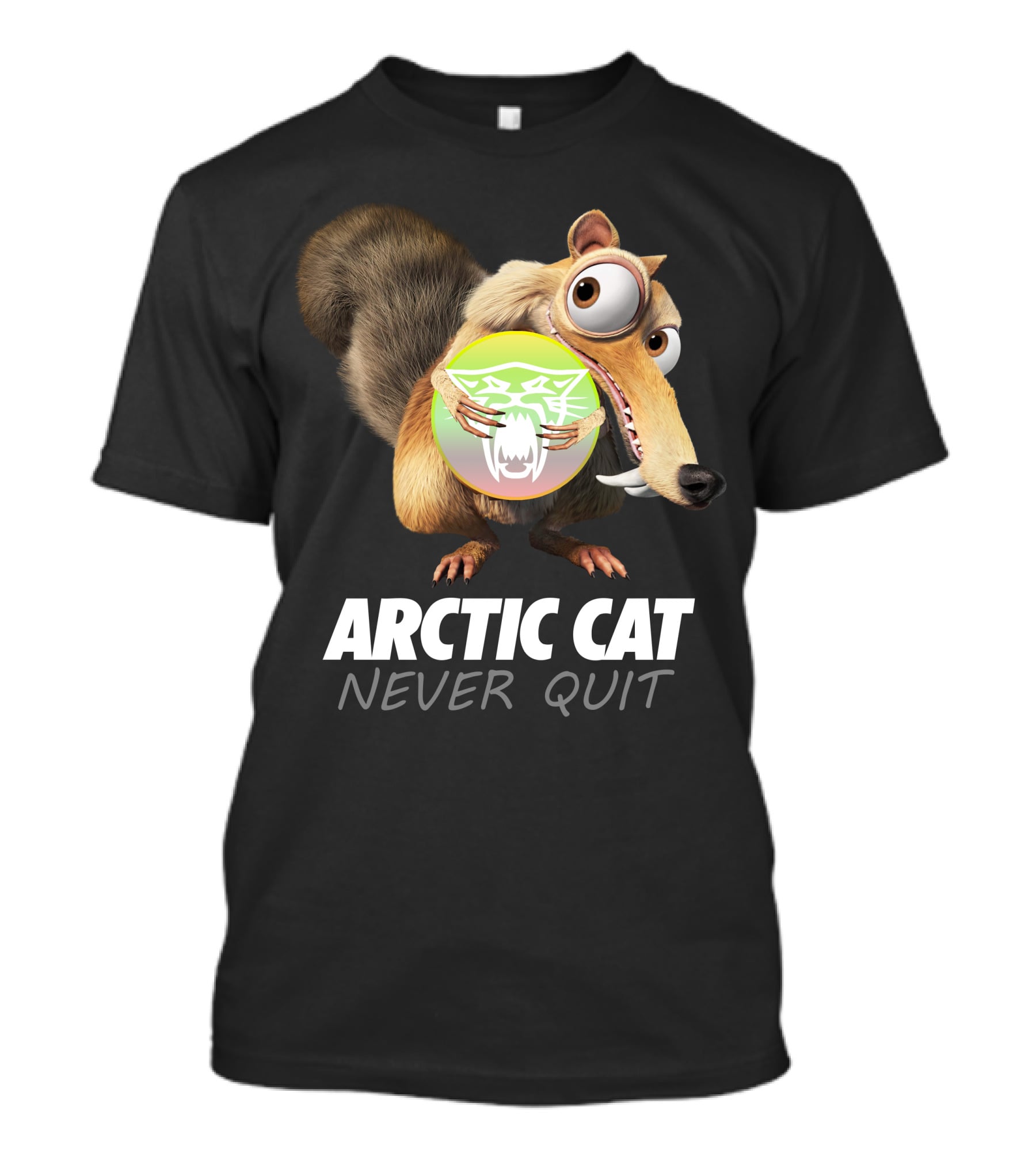 ARCTIC CAT NEVER QUIT Cartoon Character Holding T-Shirt