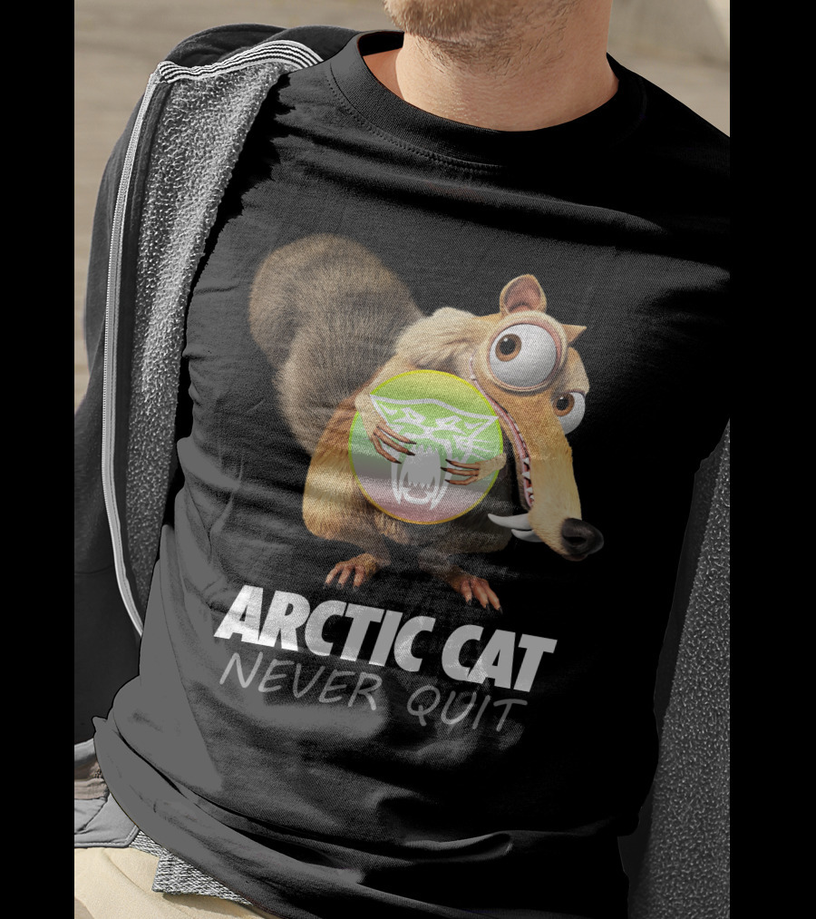 ARCTIC CAT NEVER QUIT Cartoon Character Holding T-Shirt