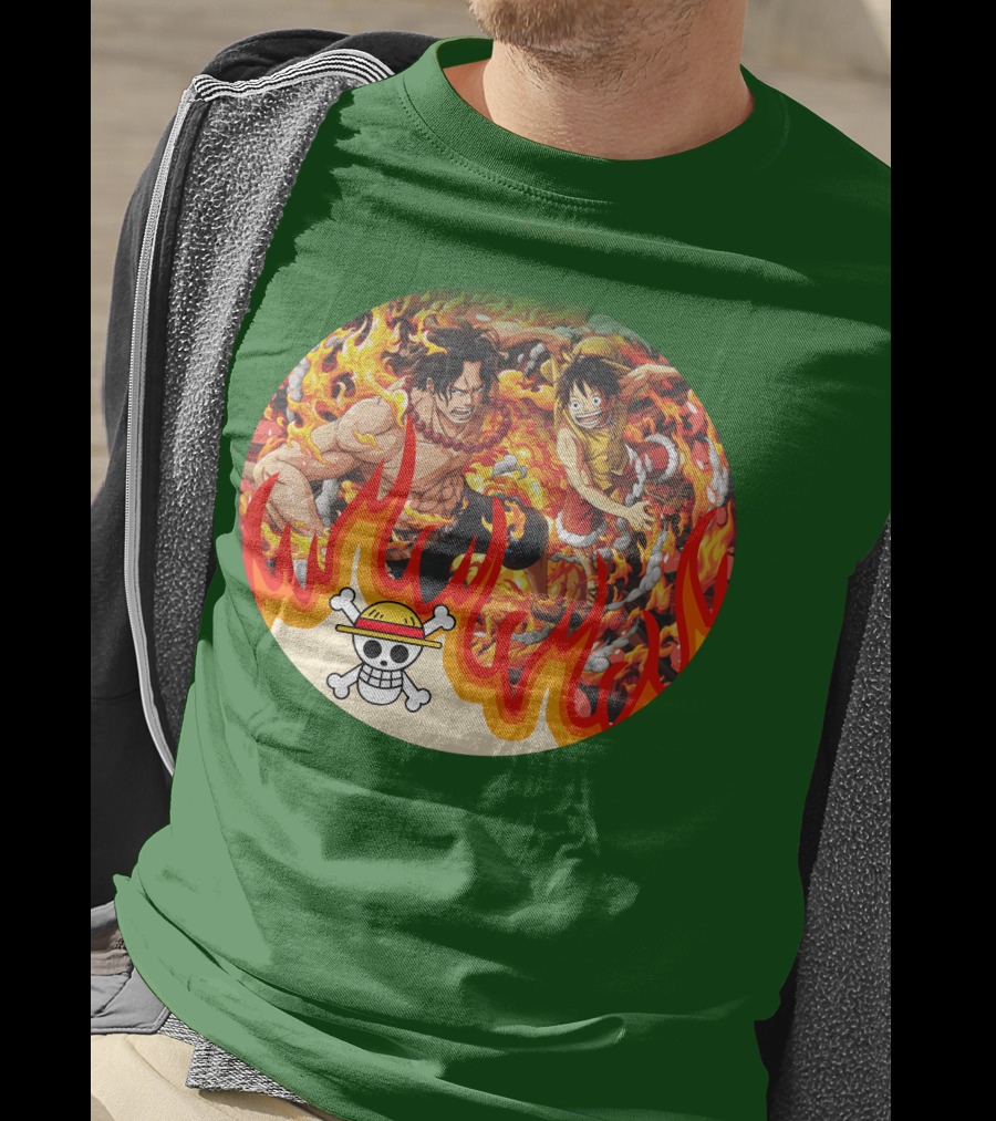 One Piece Luffy And Ace Fire Battle With Jolly Roger Hat T-Shirt
