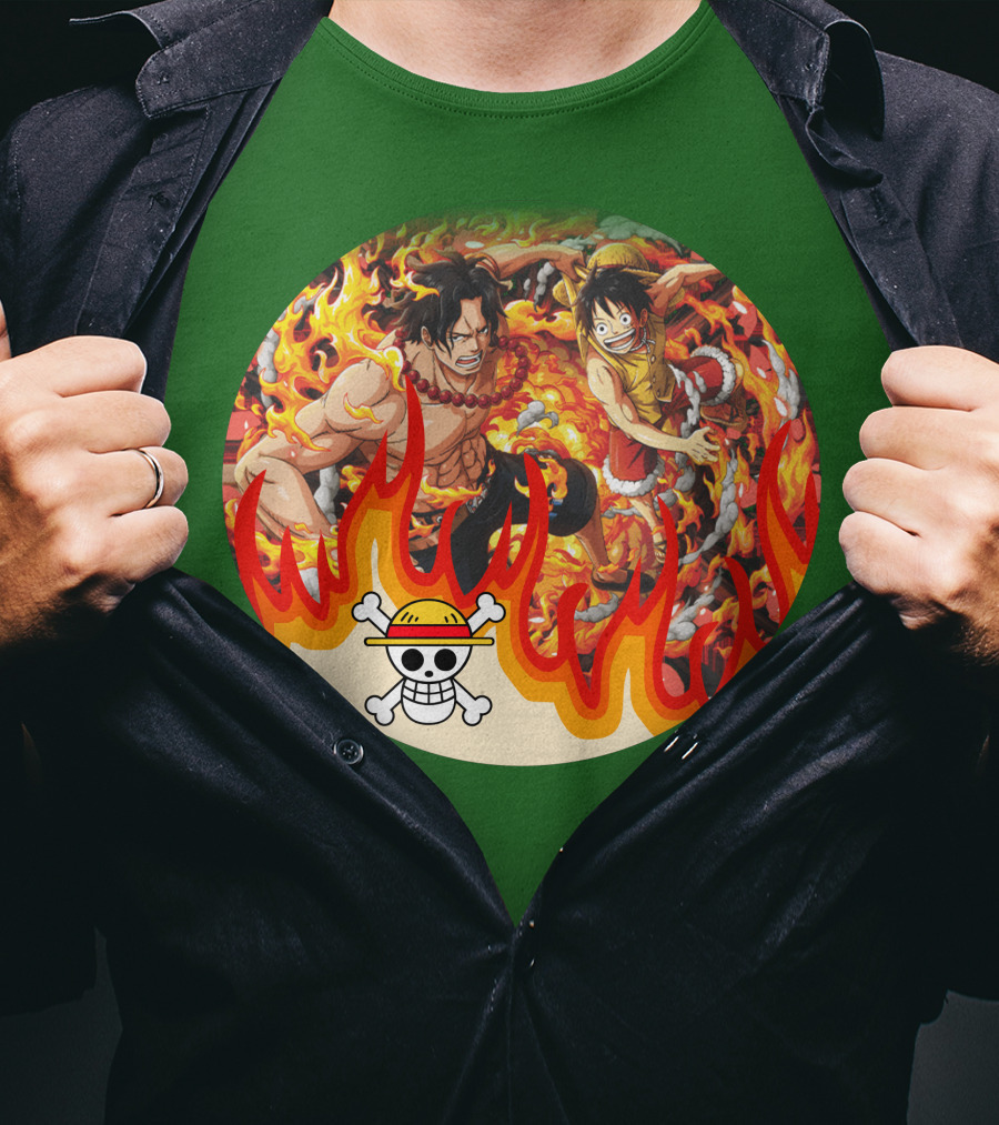 One Piece Luffy And Ace Fire Battle With Jolly Roger Hat T-Shirt