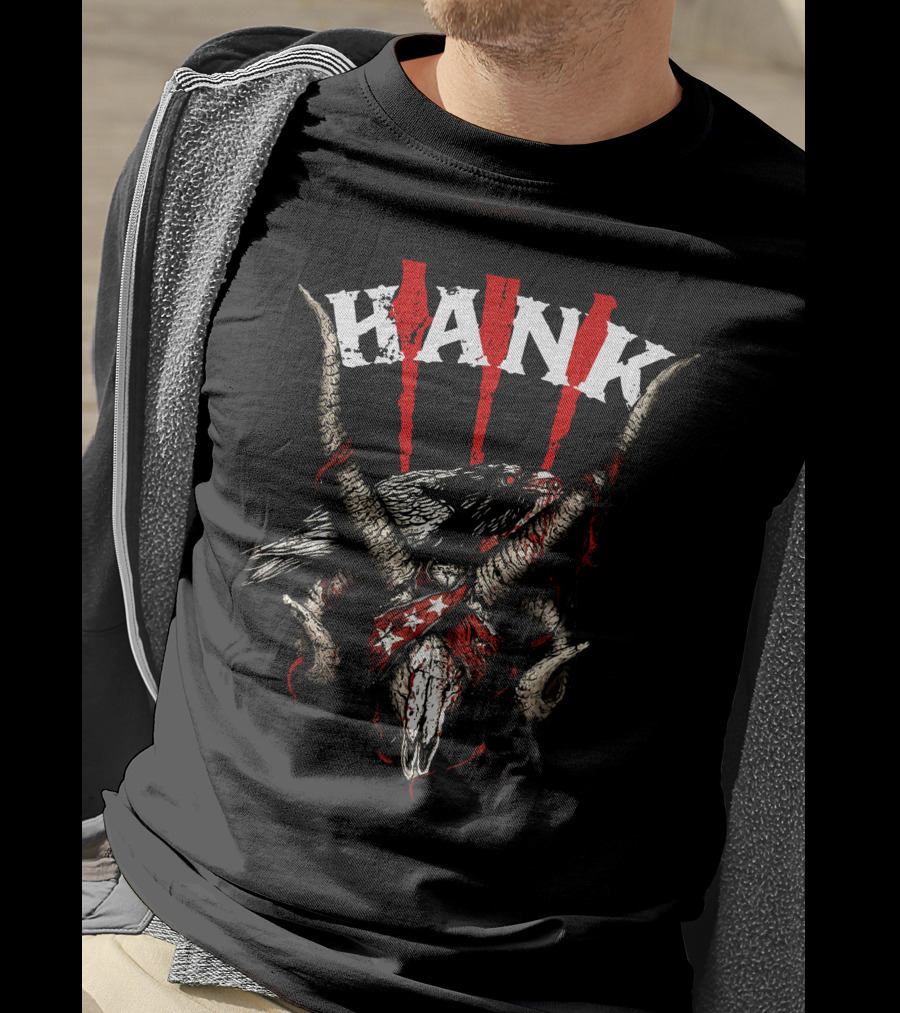 Hank III Bird Skull And Goat Horns Red Stripes T-Shirt
