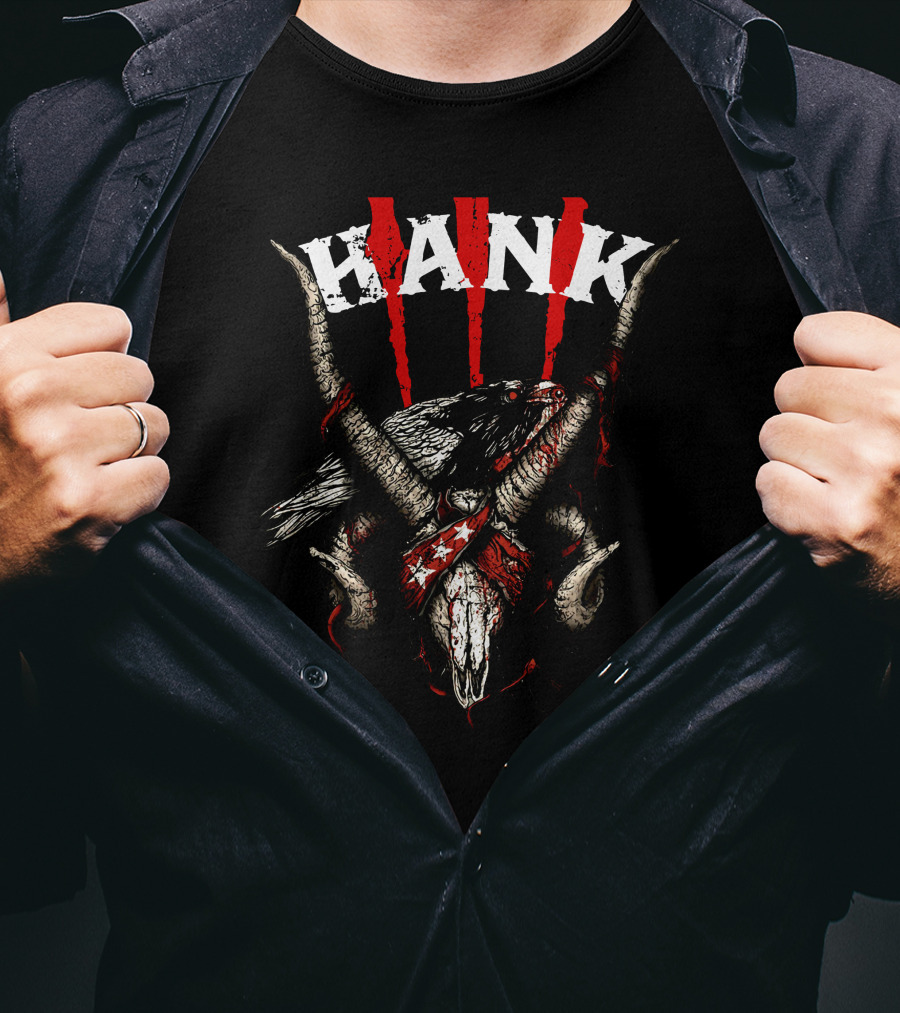 Hank III Bird Skull And Goat Horns Red Stripes T-Shirt