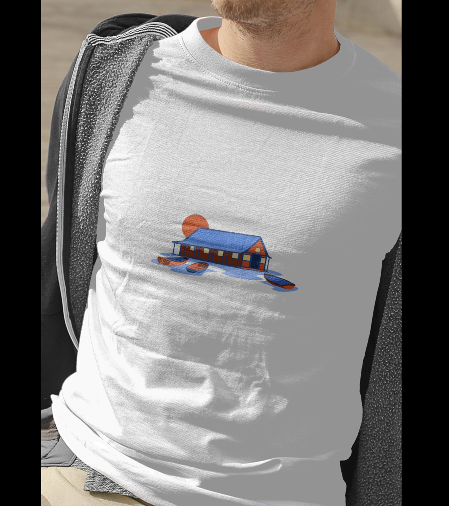 Boathouse Sunrise With Rowboats And Pier Shadow T-Shirt