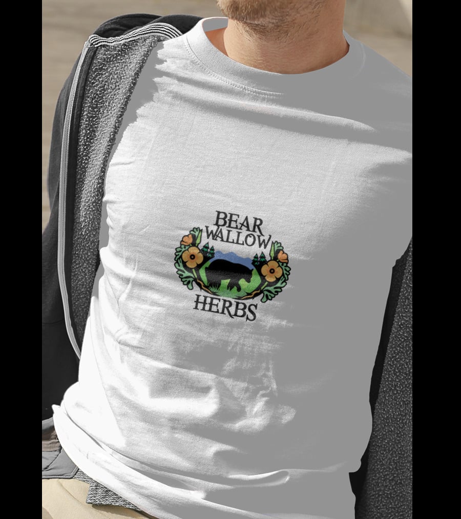 Bear Wallow Herbs Logo Bear Silhouette Mountains Flowers T-Shirt