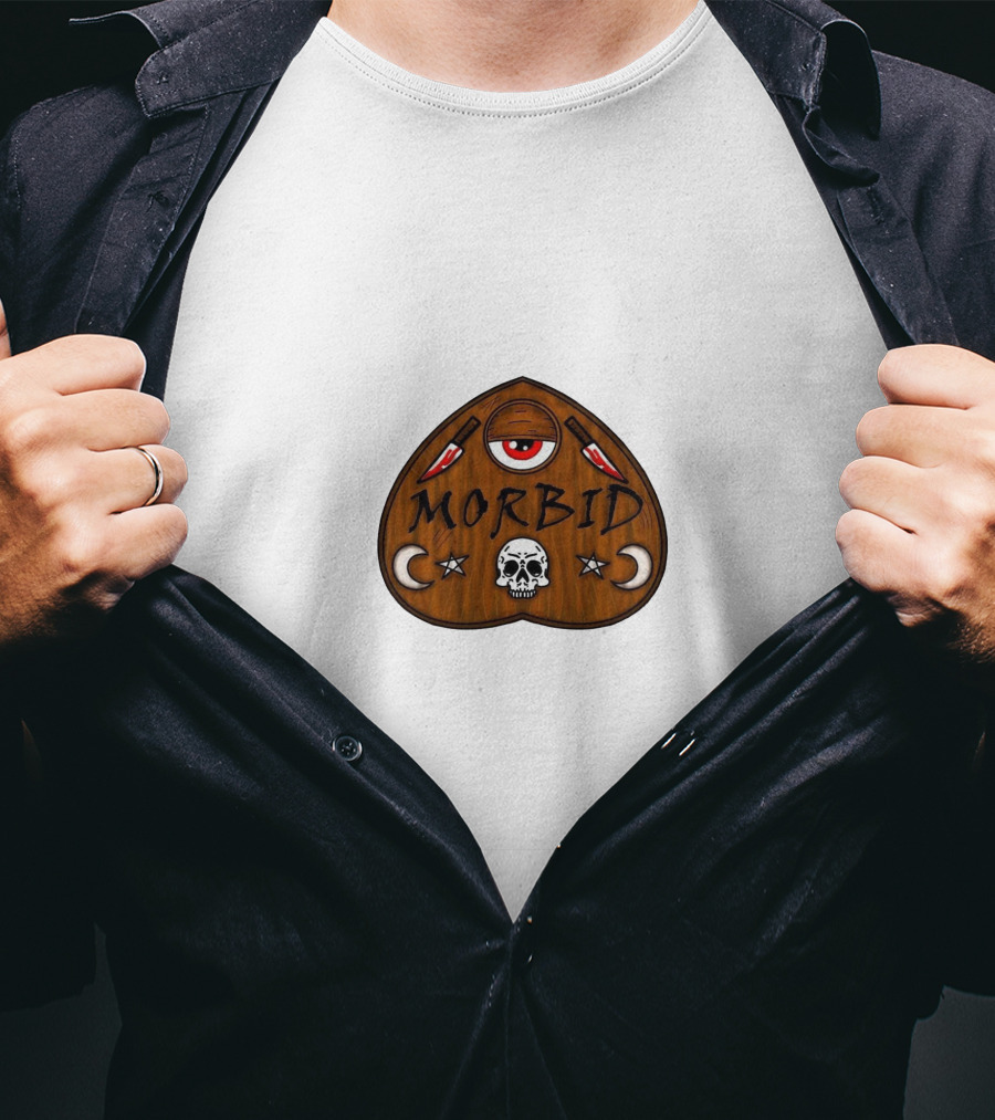 Morbid Podcast Wood Ouija Skull Knives Crescent Moon T-Shirt