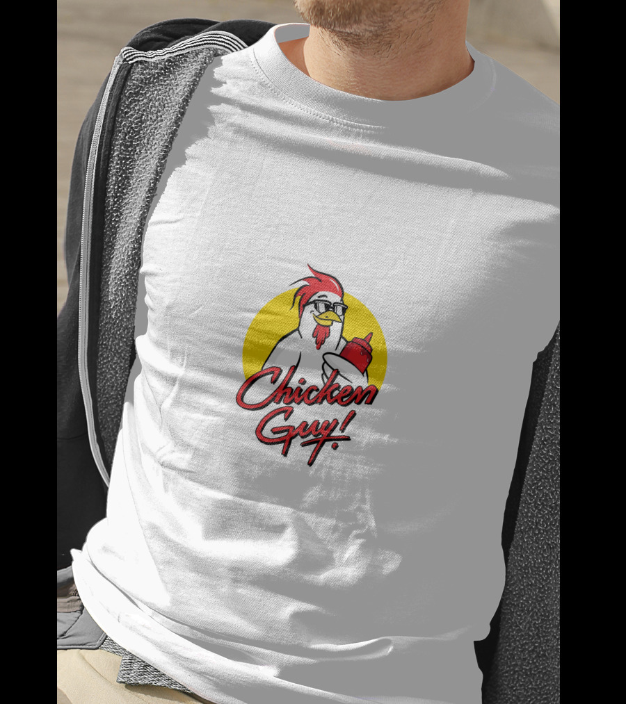 Chicken Guy Holding Sauce Bottle In Yellow Circle T-Shirt