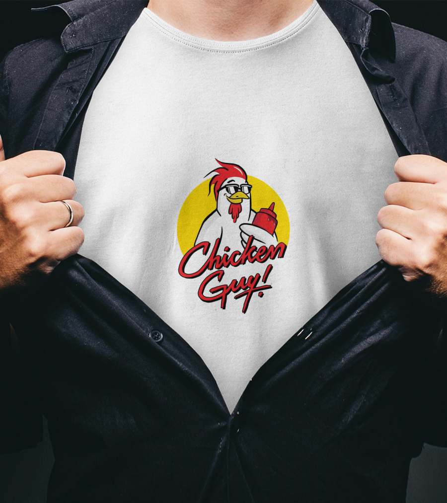 Chicken Guy Holding Sauce Bottle In Yellow Circle T-Shirt