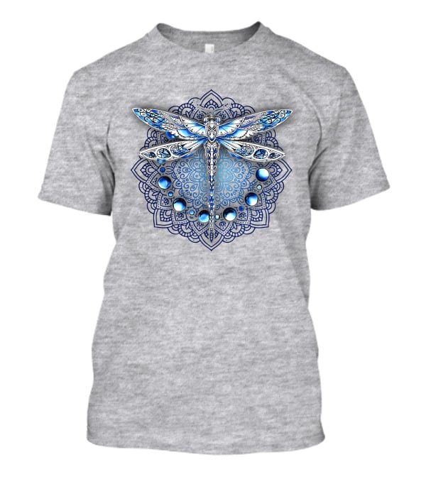 FLY GRADON Intricate Mandala Dragonfly Blue Gem Elements T-Shirt