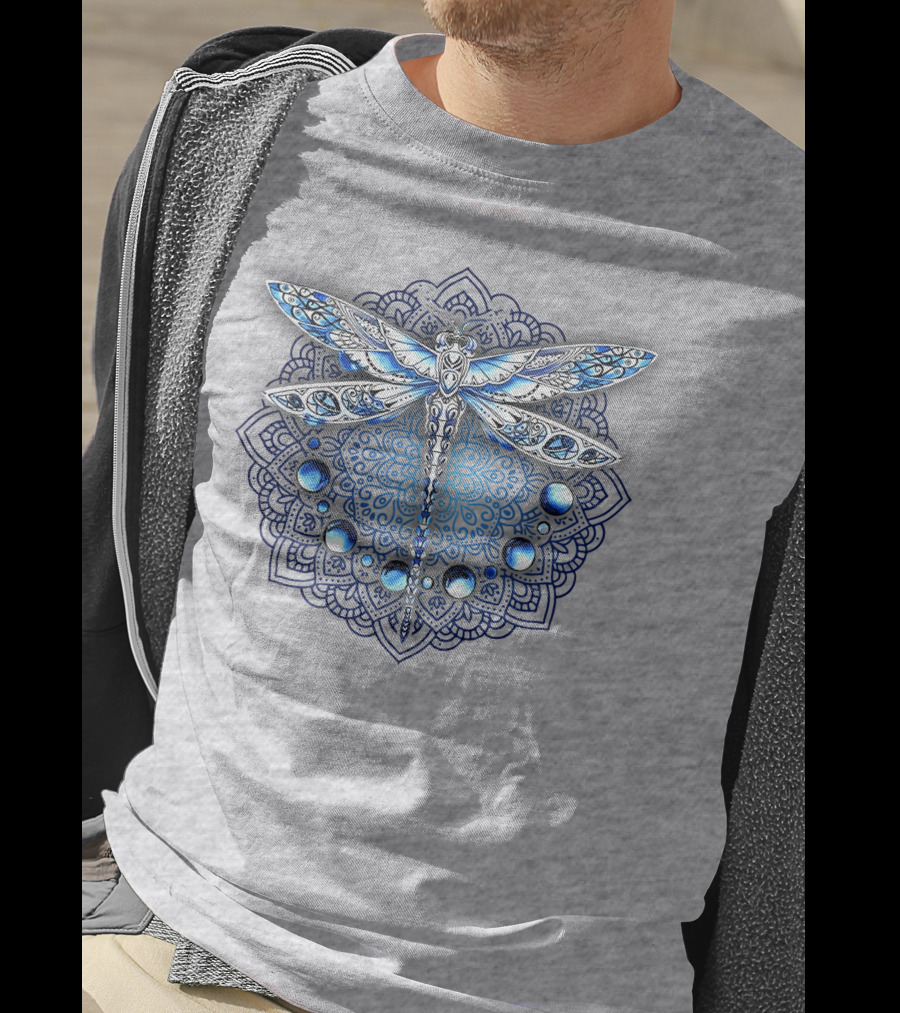 FLY GRADON Intricate Mandala Dragonfly Blue Gem Elements T-Shirt