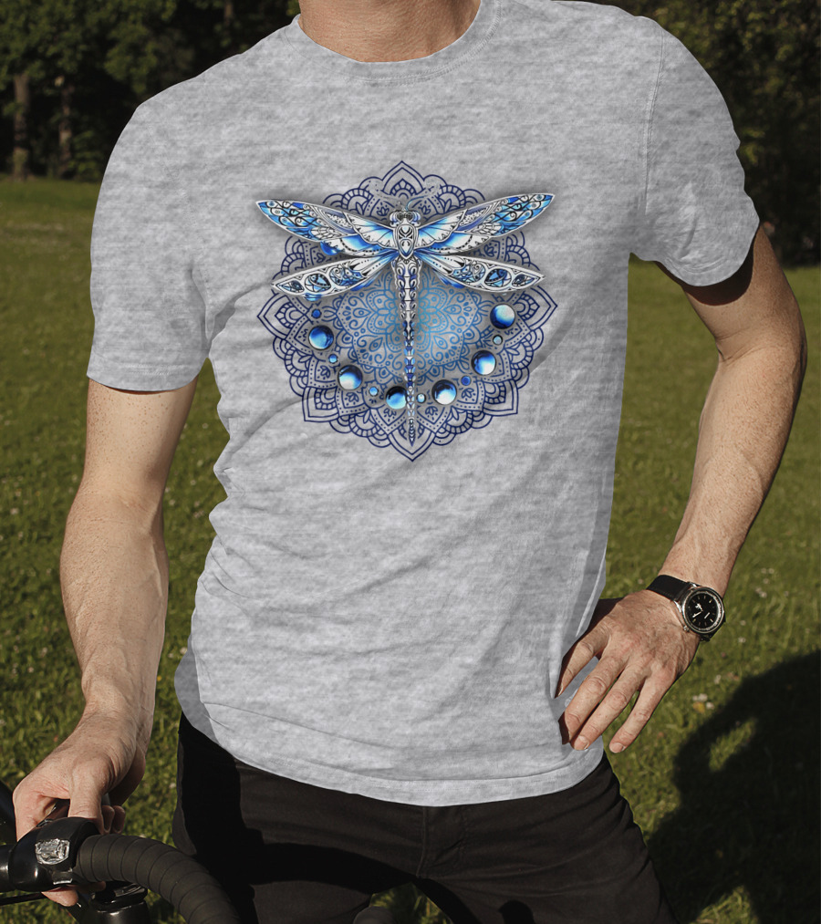 FLY GRADON Intricate Mandala Dragonfly Blue Gem Elements T-Shirt