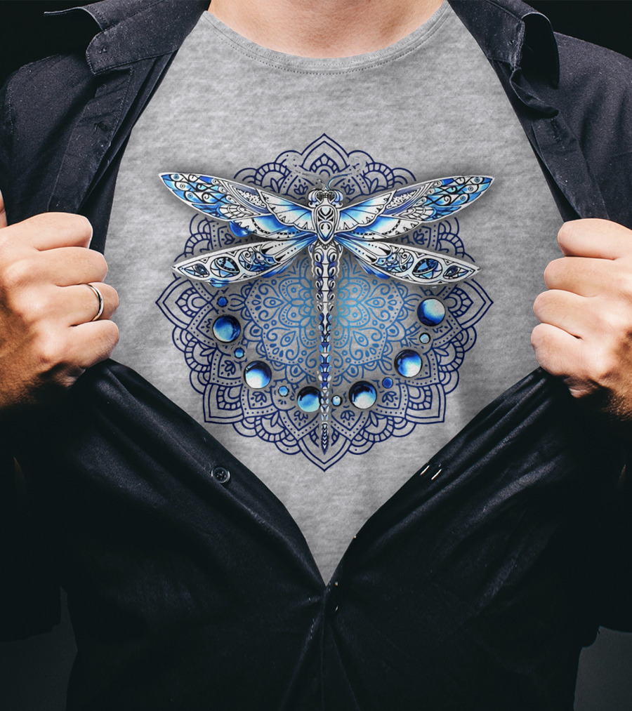 FLY GRADON Intricate Mandala Dragonfly Blue Gem Elements T-Shirt
