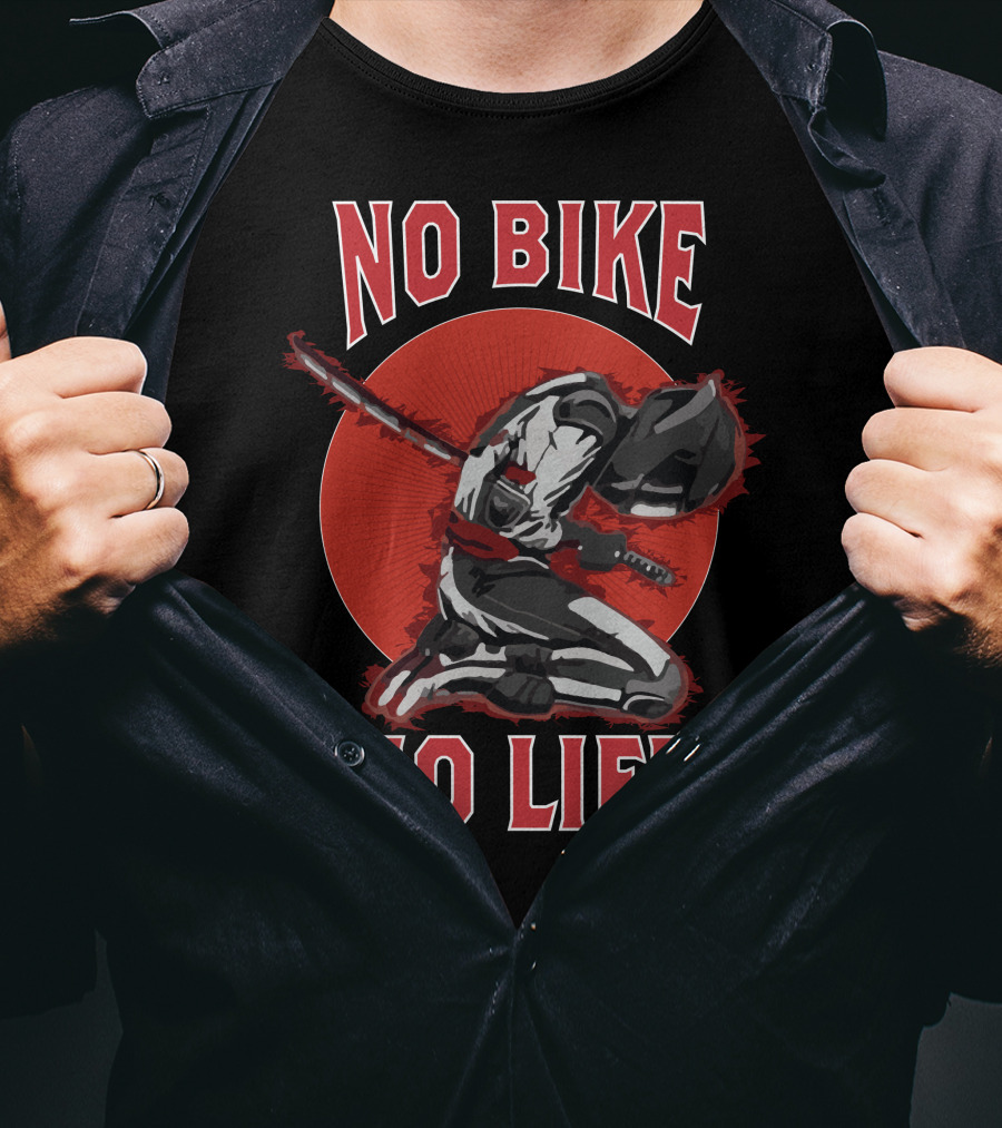 No Bike No Life Skull Bike USA Samurai Kneeling Motorcycle Rider T-Shirt