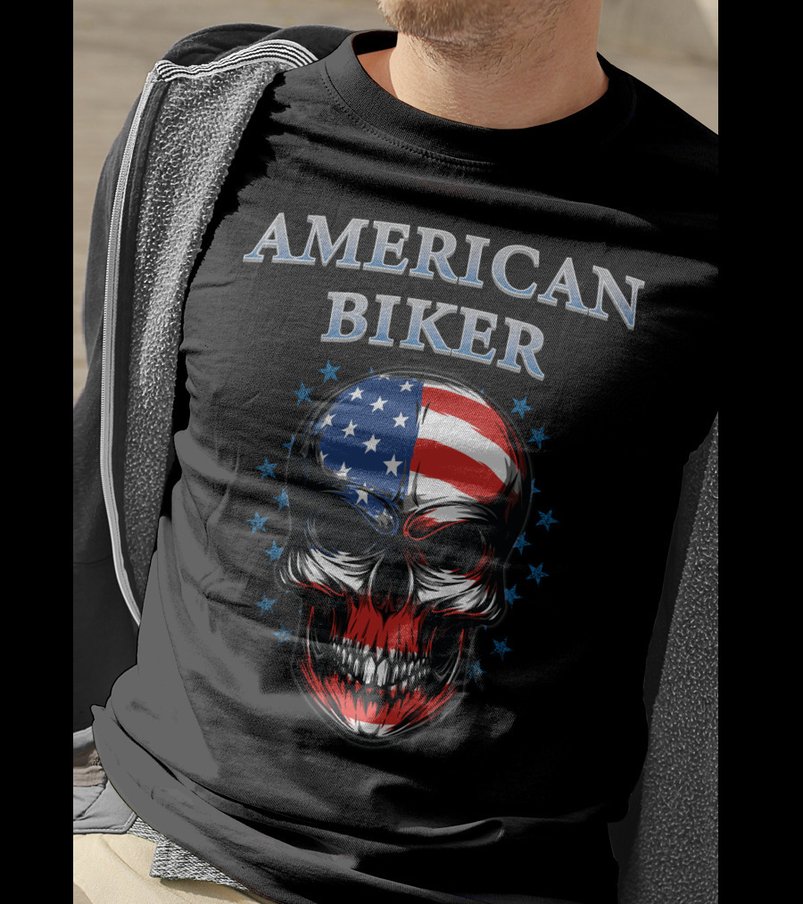 American Biker USA Flag Skull Bike Knight T-Shirt