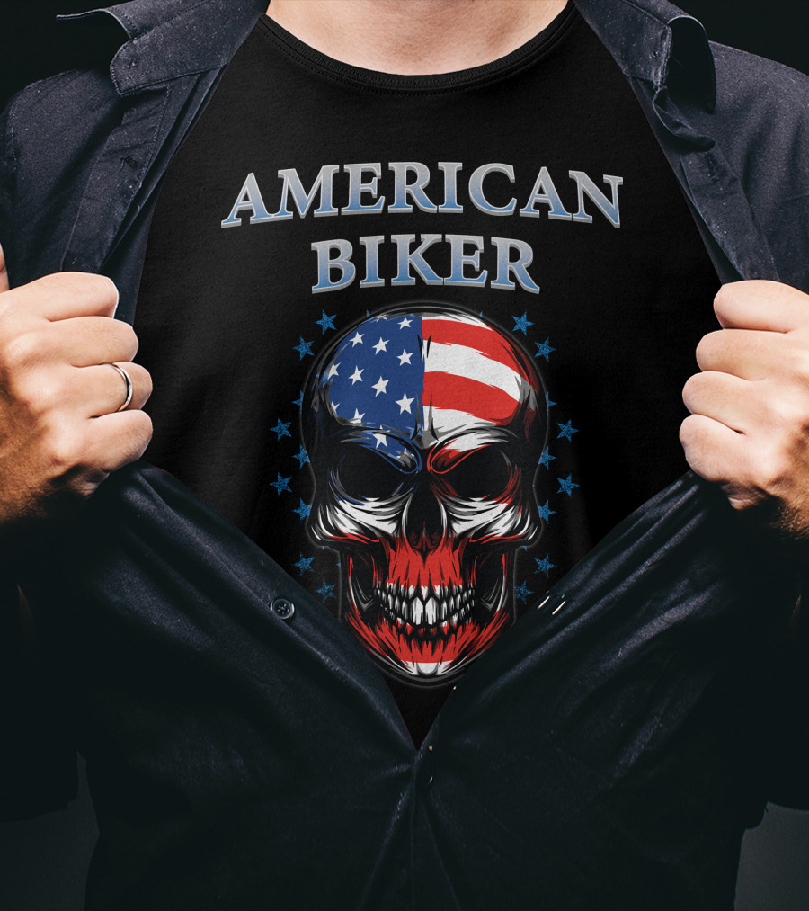 American Biker USA Flag Skull Bike Knight T-Shirt