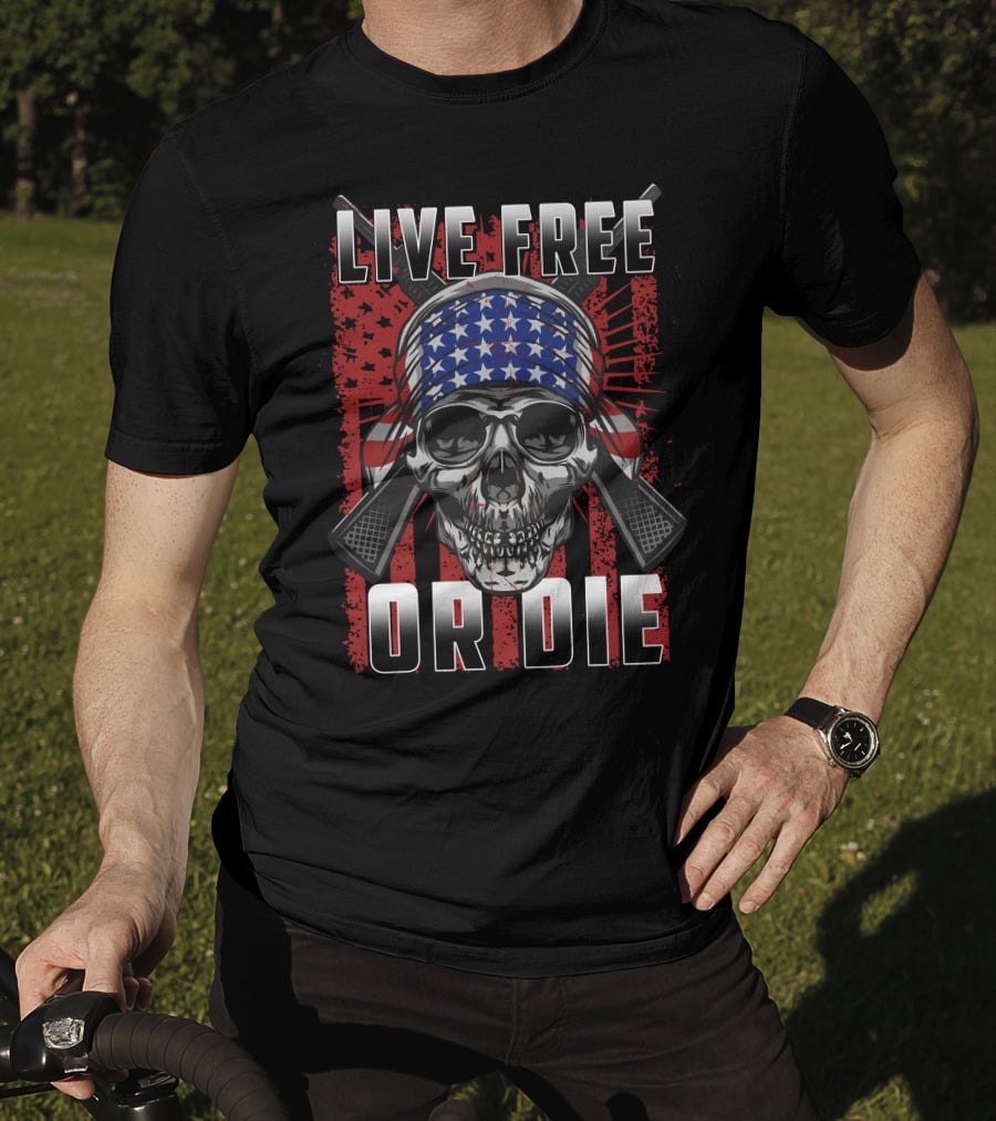 LIVE FREE OR DIE Skull American Flag Bandana T-Shirt
