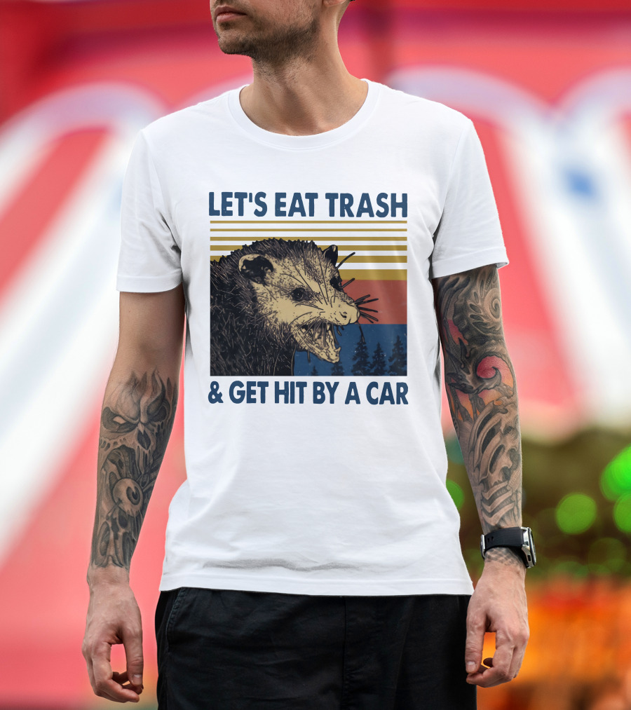 LET'S EAT TRASH and GET HIT BY A CAR Opossum Vintage Retro Stripe Forest T-Shirt