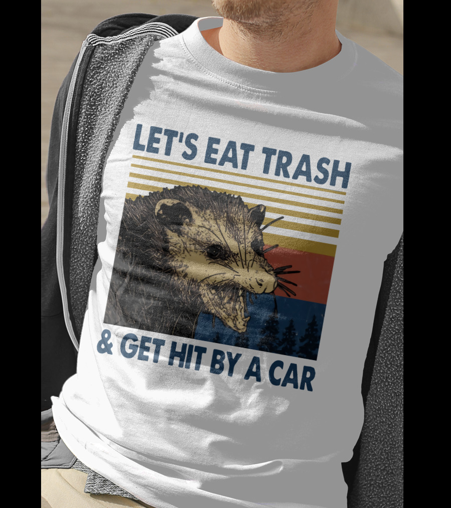LET'S EAT TRASH And GET HIT BY A CAR Opossum Vintage Retro Stripe Forest T-Shirt