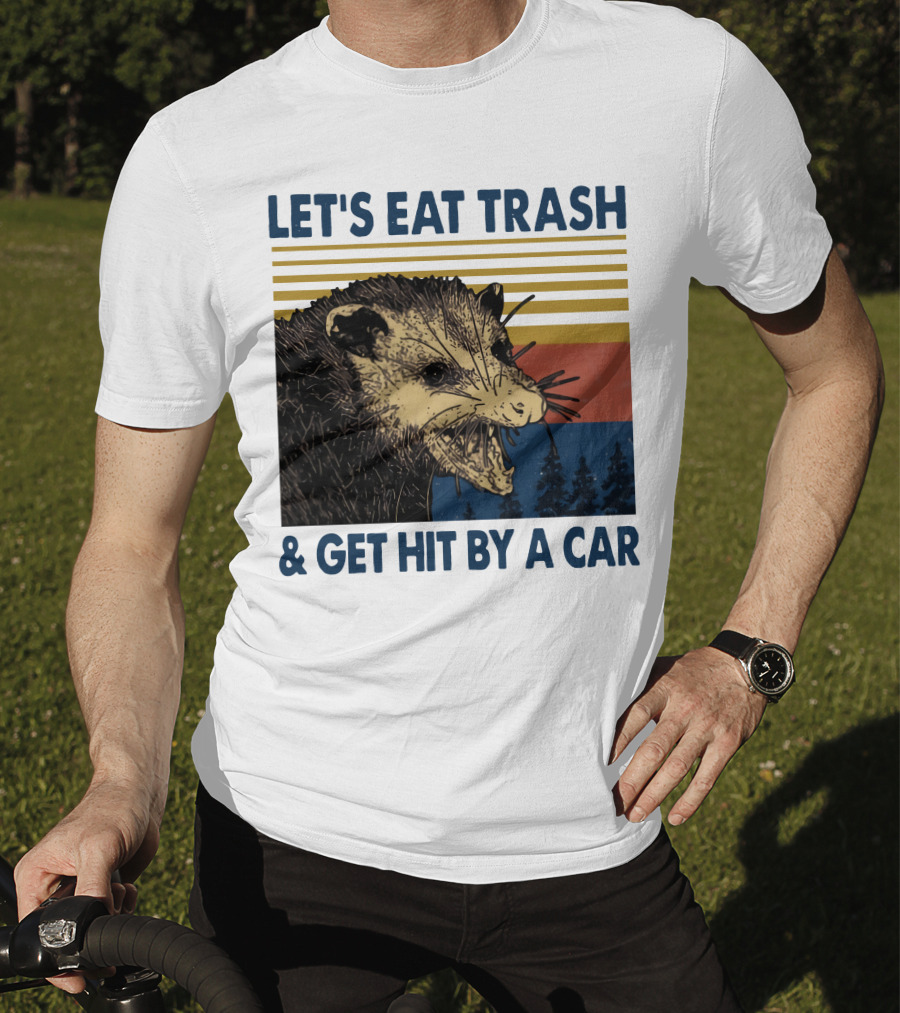 LET'S EAT TRASH And GET HIT BY A CAR Opossum Vintage Retro Stripe Forest T-Shirt
