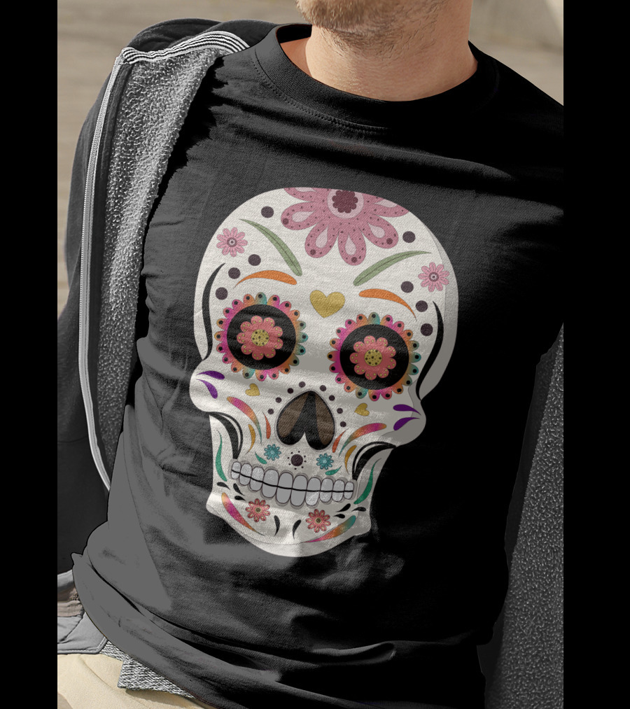 Day Of The Dead Bride Sugar Skull With Floral And Heart Motifs T-Shirt