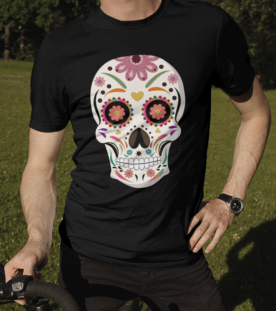 Day Of The Dead Bride Sugar Skull With Floral And Heart Motifs T-Shirt