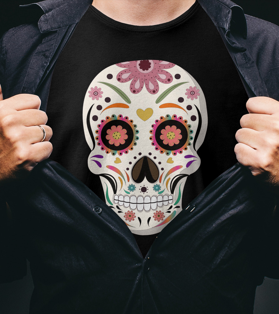 Day Of The Dead Bride Sugar Skull With Floral And Heart Motifs T-Shirt