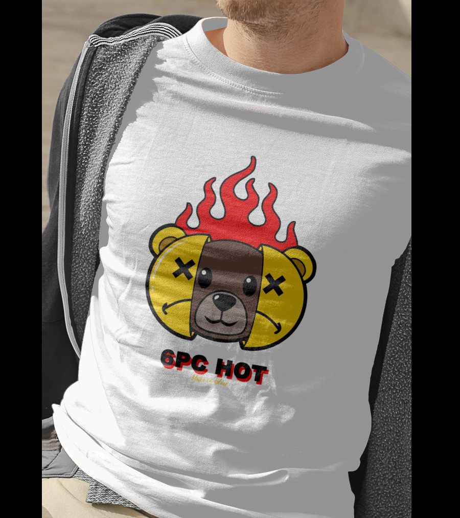 6pc Hot Make On Black Flame Bear T-Shirt