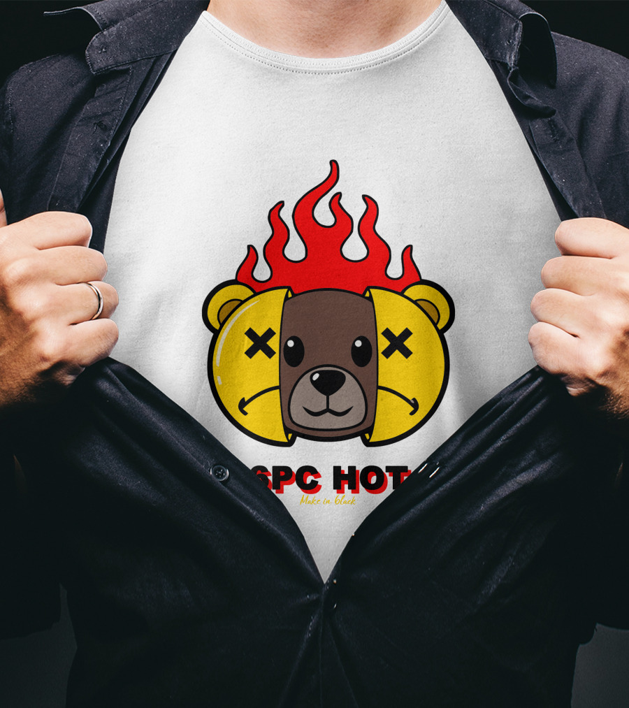 6pc Hot Make On Black Flame Bear T-Shirt