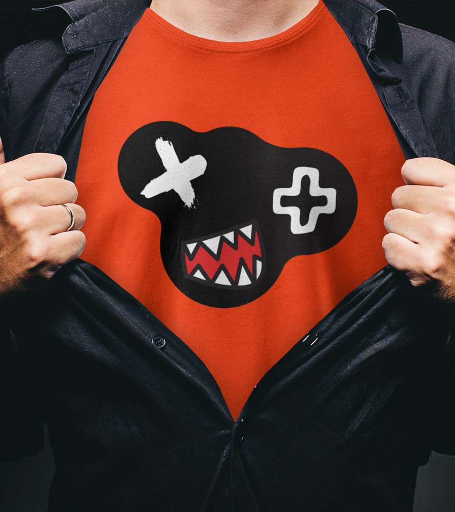 Monstrosity X Plus Mark Teeth Icon On Black Blob Shape T-Shirt