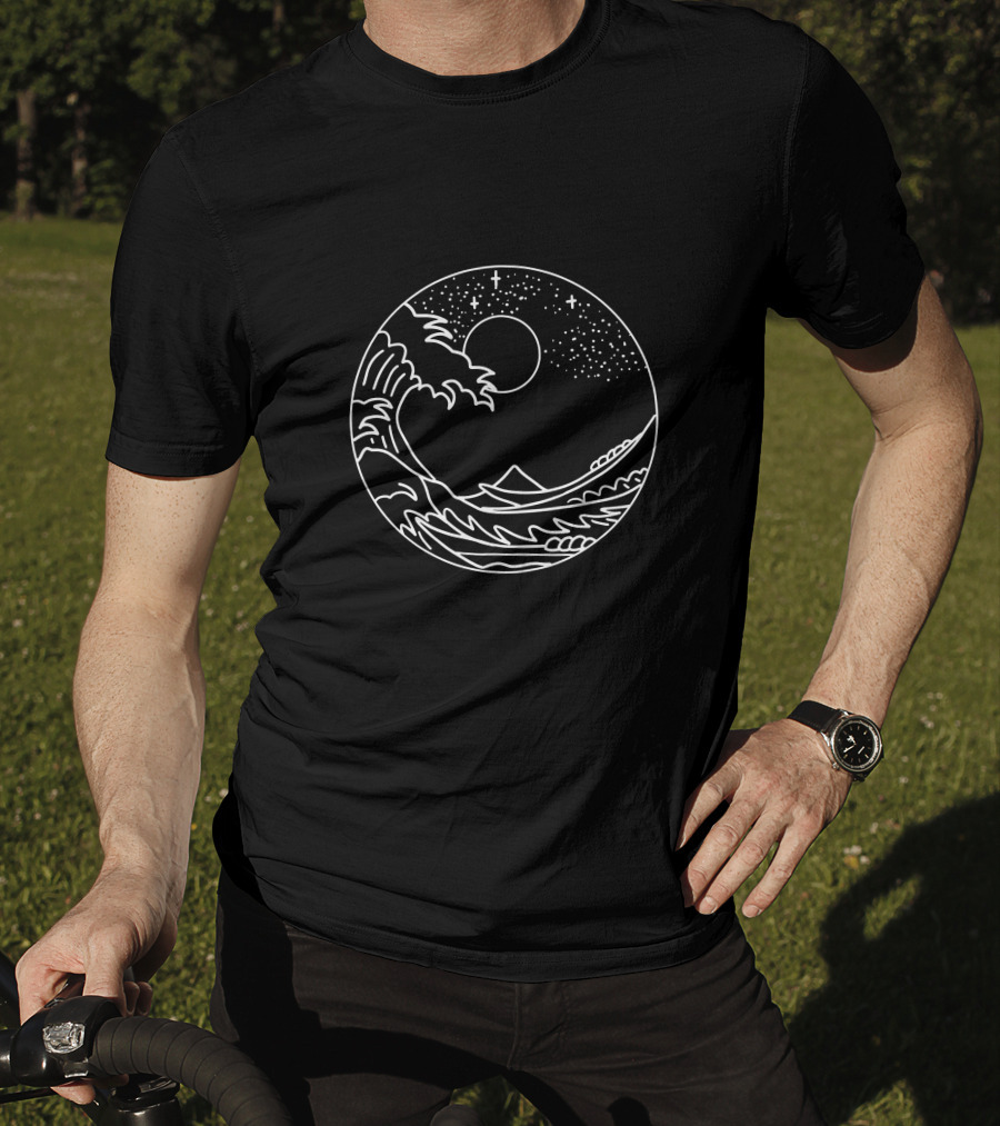 The Great Wave Off Kanagawa Minimal Line Moon Night Sky Nature T-Shirt