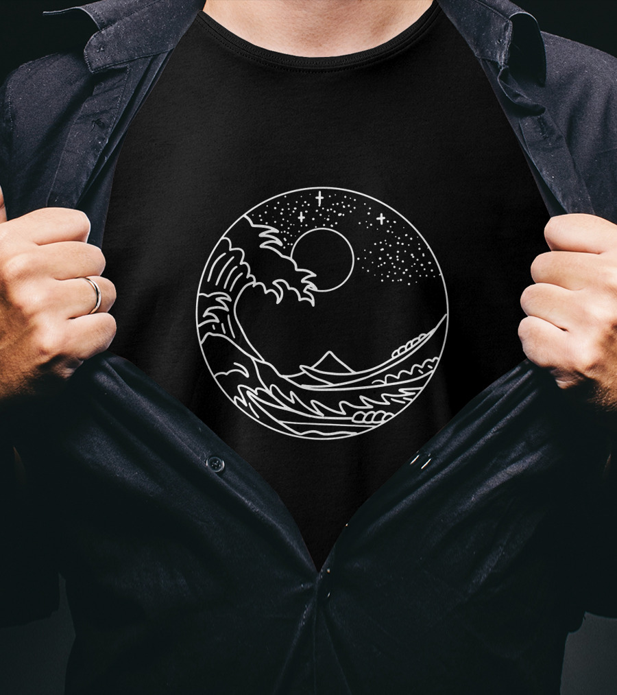 The Great Wave Off Kanagawa Minimal Line Moon Night Sky Nature T-Shirt
