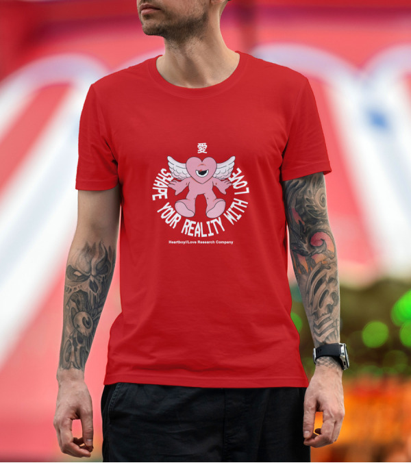Premium T-Shirt: Heartboy Love Research Company Shape Your Reality With Love Winged Heart Character T-Shirt Heartboy Love Research Company Shape Your Reality With Love Winged Heart Character T-Shirt