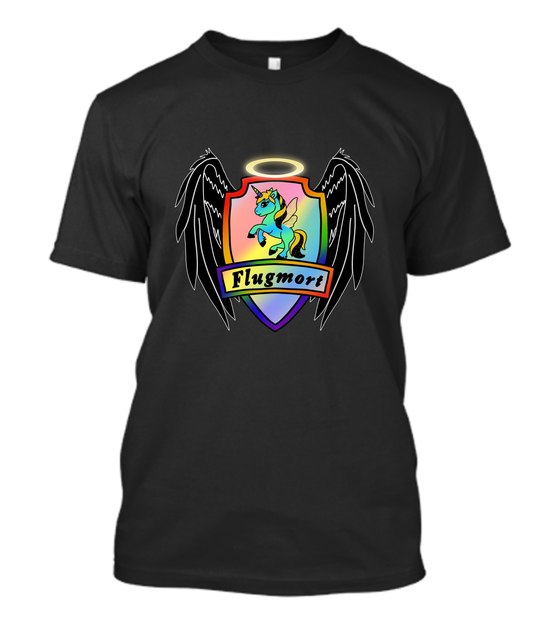Flugmort Rainbow Unicorn Crest With Black Angel Wings Halo T-Shirt