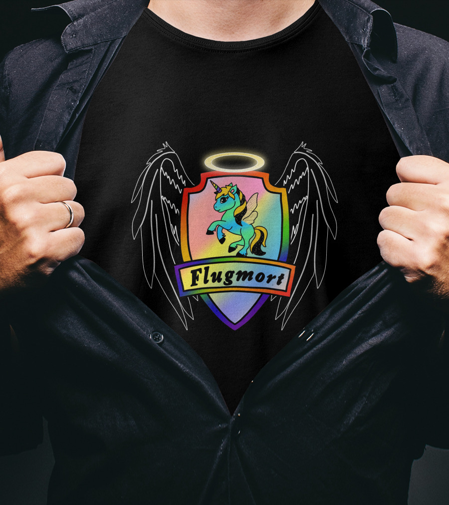Flugmort Rainbow Unicorn Crest With Black Angel Wings Halo T-Shirt