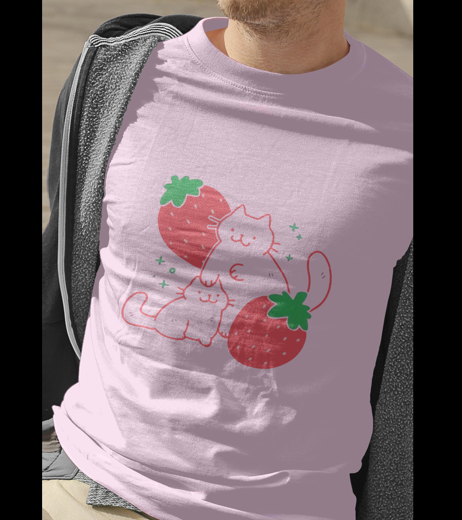 Crowlines Shop Strawberry Cat And Kitten With Stars And Strawberries T-Shirt