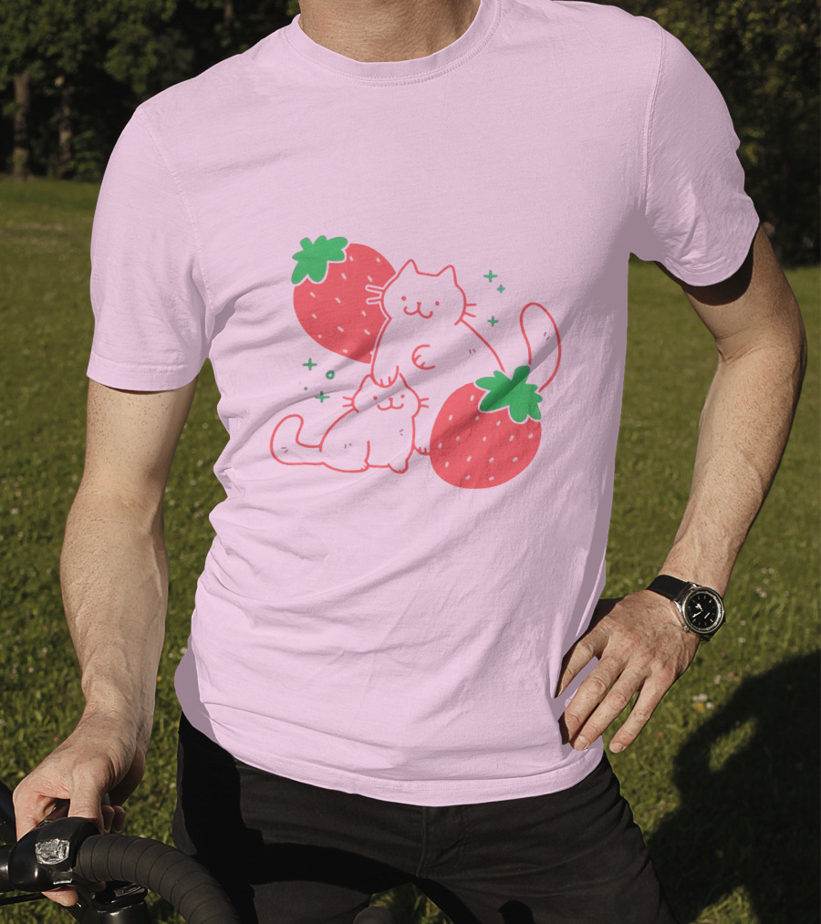 Crowlines Shop Strawberry Cat And Kitten With Stars And Strawberries T-Shirt
