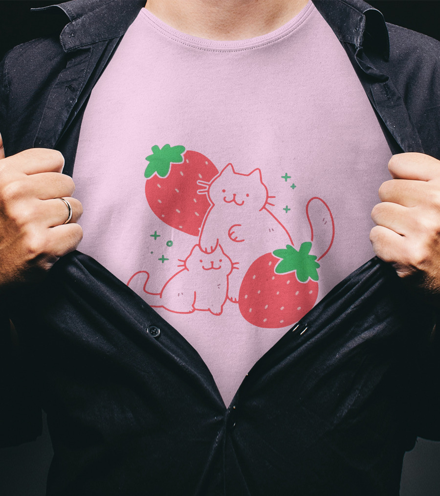 Crowlines Shop Strawberry Cat And Kitten With Stars And Strawberries T-Shirt
