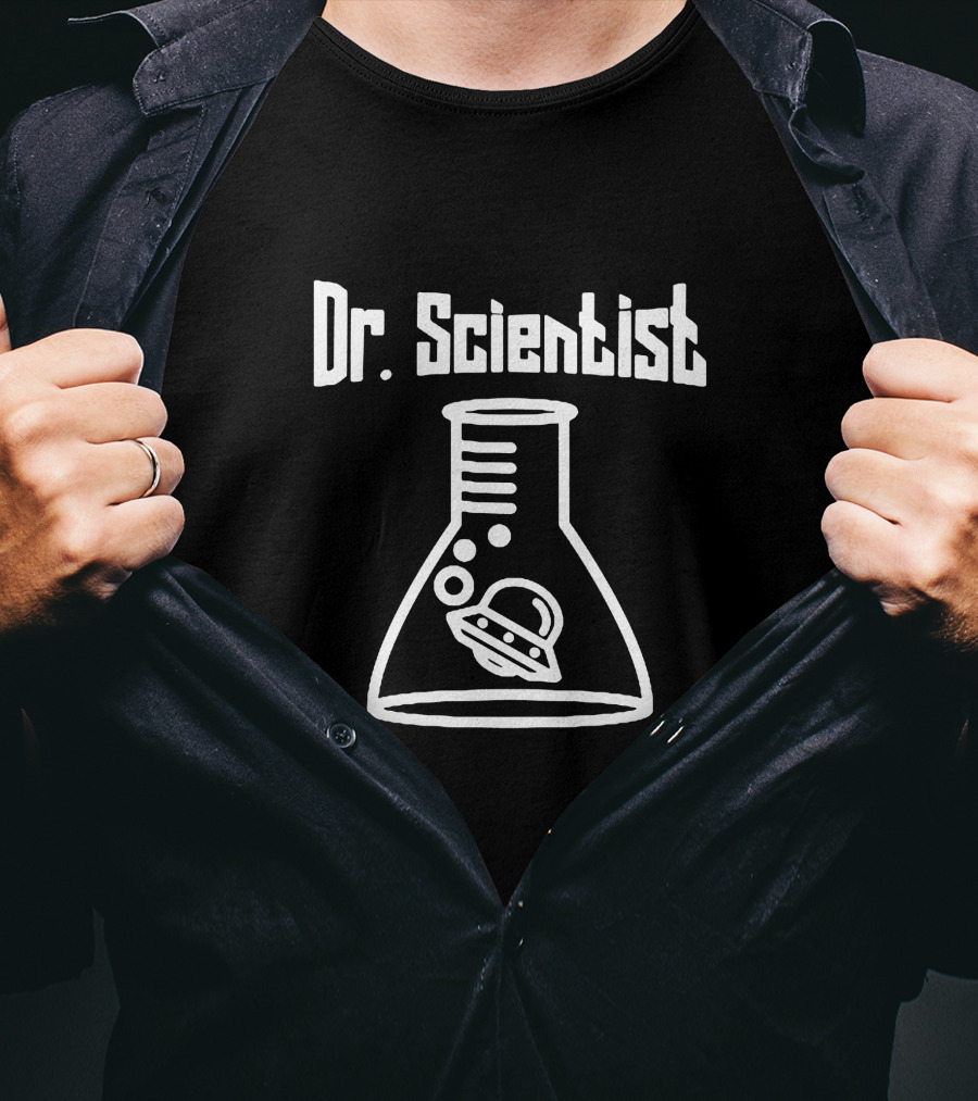Dr Scientist UFO Garage Podcast Merch Alien Spaceship Beaker T-Shirt
