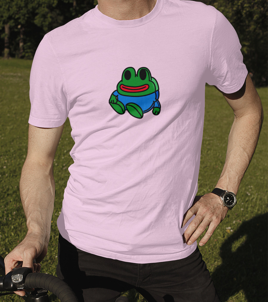 Mizkif Sat REALMizkif Pepe Frog Sitting Cartoon Pink Background T-Shirt