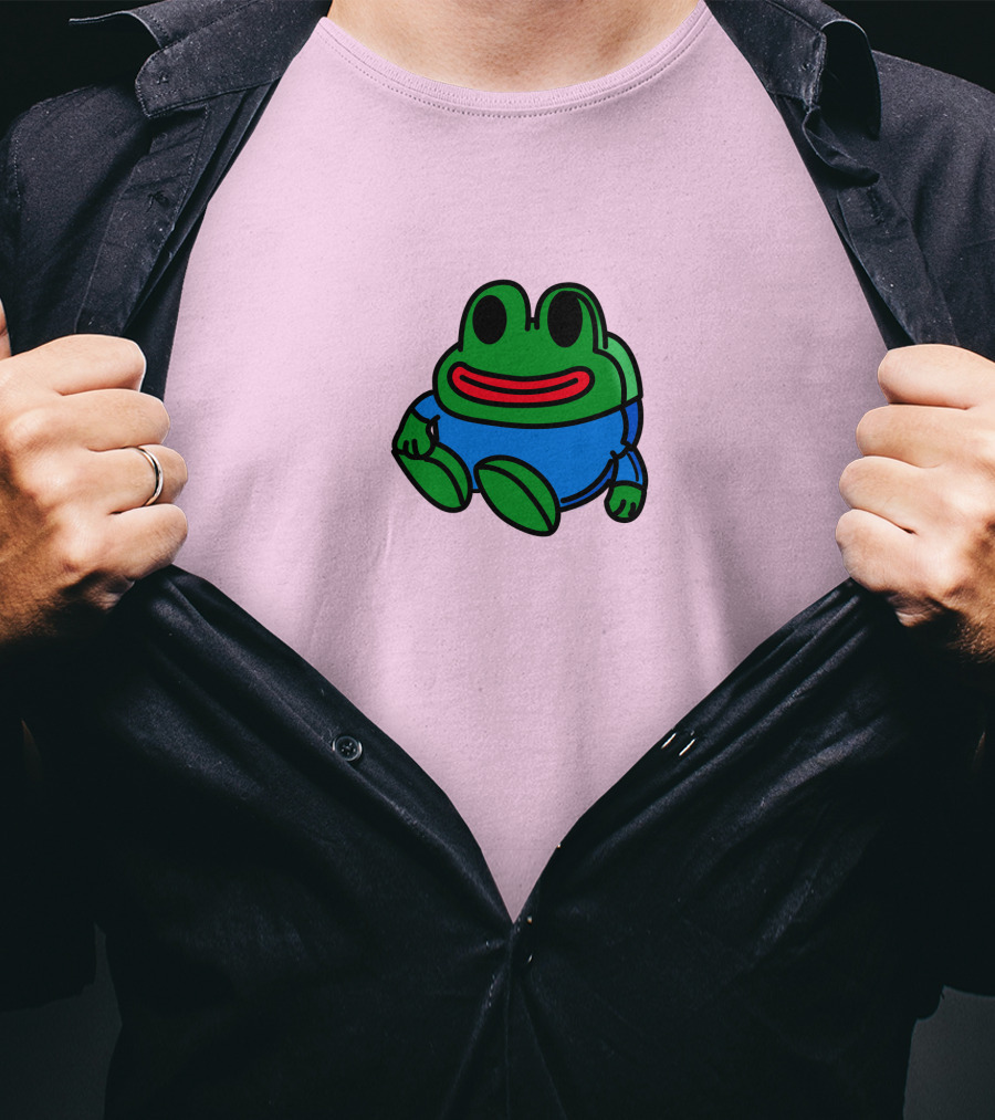 Mizkif Sat REALMizkif Pepe Frog Sitting Cartoon Pink Background T-Shirt