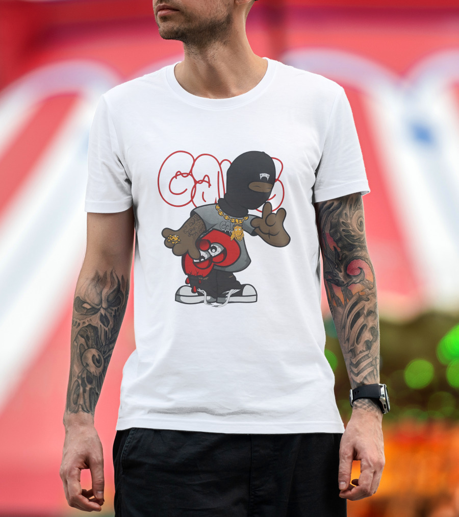 Ski Mask Heart GloGangWorldWide Cartoon Character with Chain and Tattoo T-Shirt