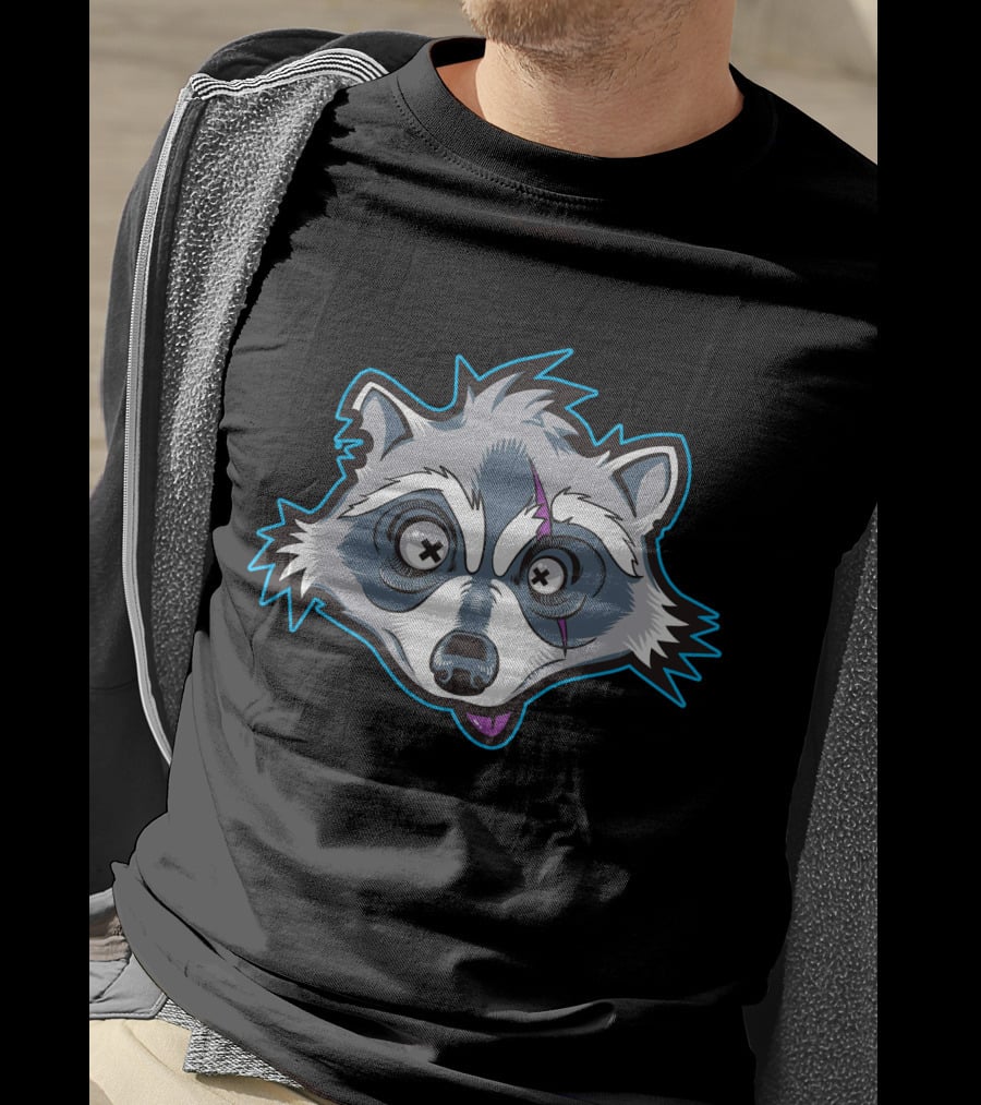 Asimister Raccoon Cartoon With Crossed Eyes And Blue Outline T-Shirt
