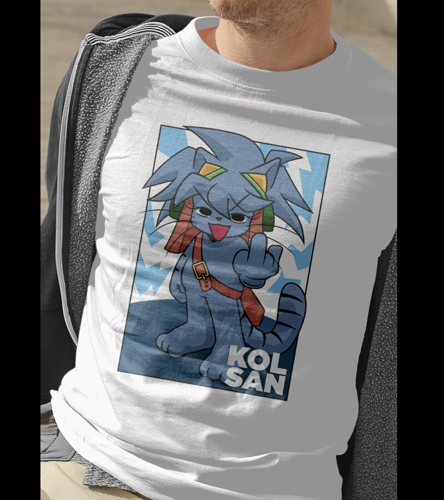 Kolsan Attitude Blue Cat Character With Lightning Bolt Background T-Shirt