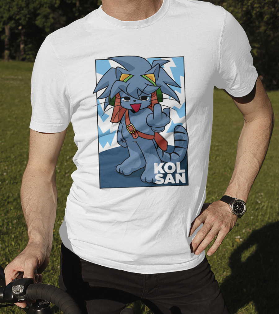 Kolsan Attitude Blue Cat Character With Lightning Bolt Background T-Shirt