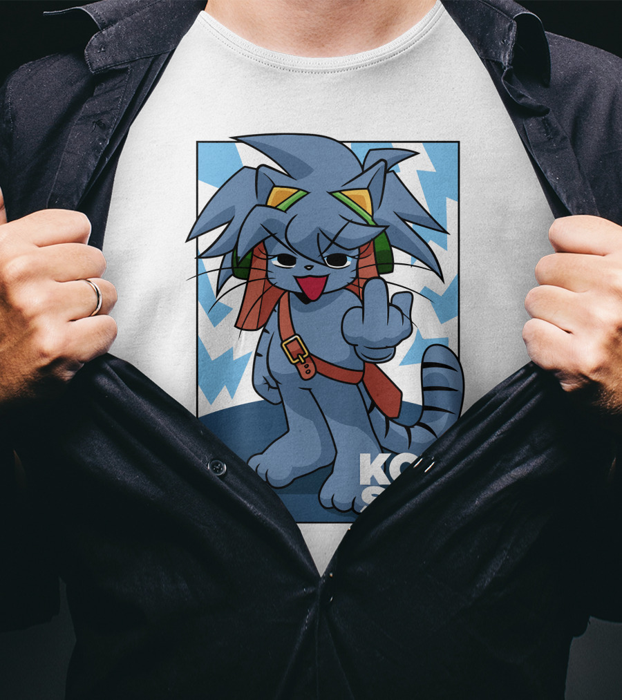 Kolsan Attitude Blue Cat Character With Lightning Bolt Background T-Shirt