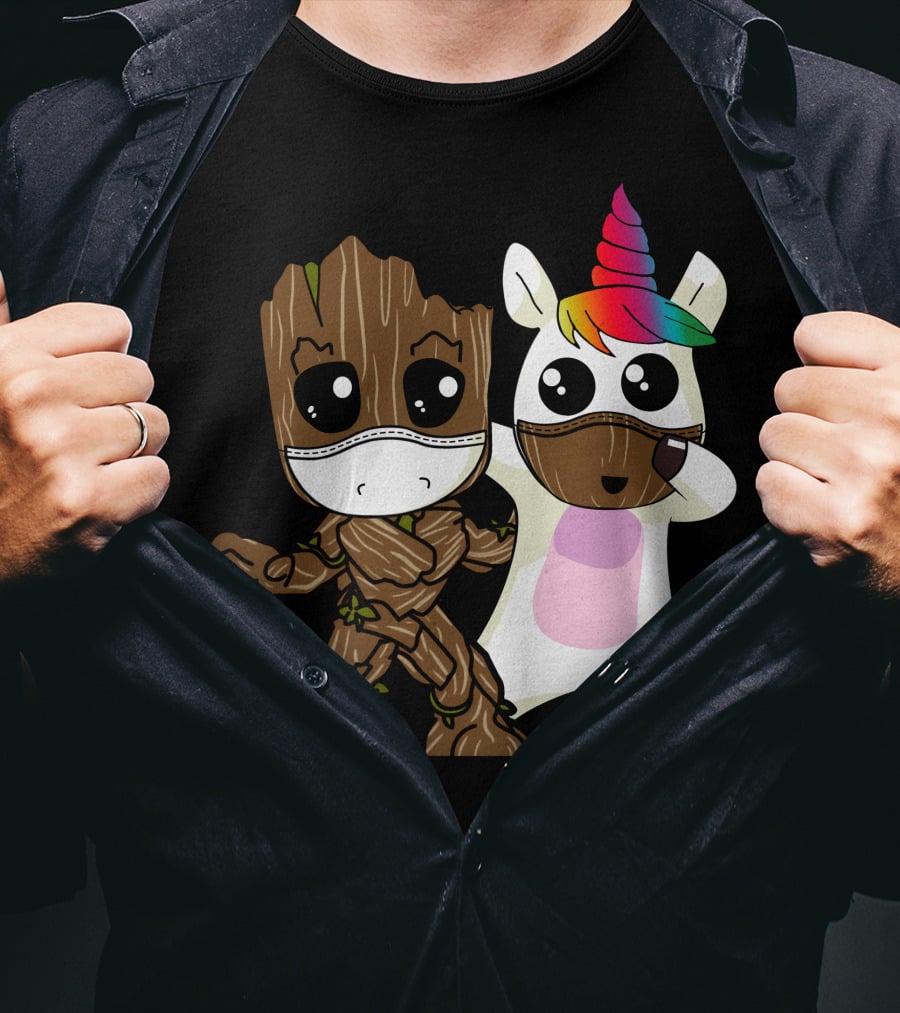 Groot Unicorn Rainbow Mask Duo T-Shirt
